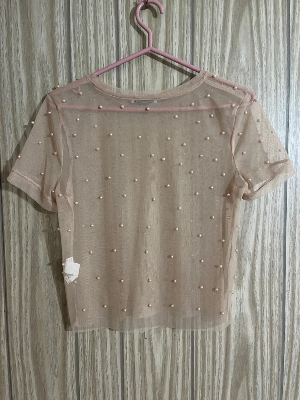 Zara Peach Sheer Pearl-Embellished Short Sleeve Top - Picture 5 of 7